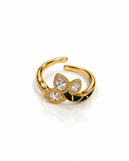 Elina Gold Plated Black Enamel Crystal Adjustable Ring