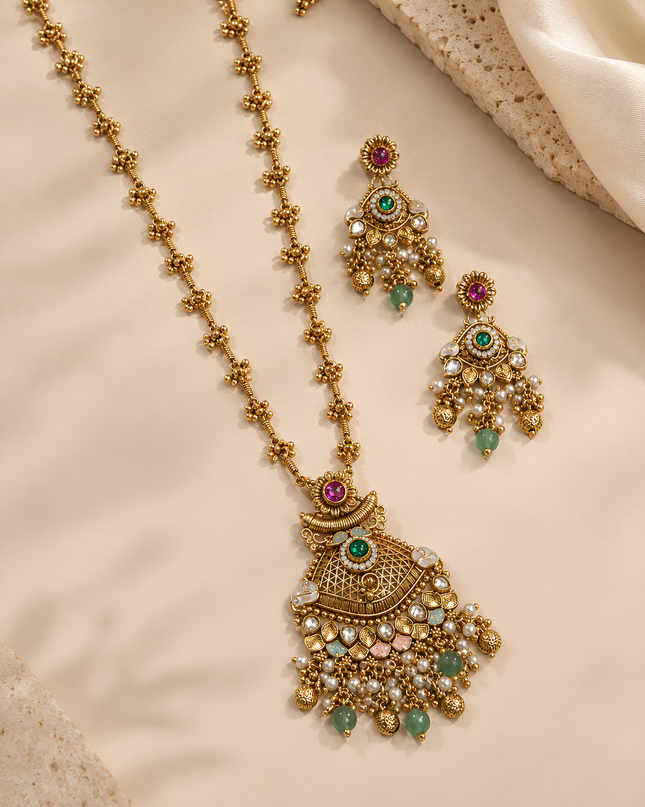 Royal Emerald & Pearl Statement Necklace Set