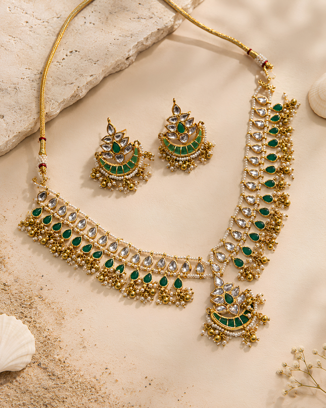 Emerald & Crystal Kundan Pearl Necklace Set