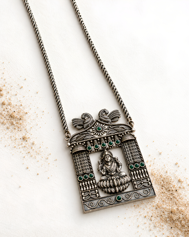 Aaradhya Oxidised Silver Goddess Lakshmi Temple Necklace