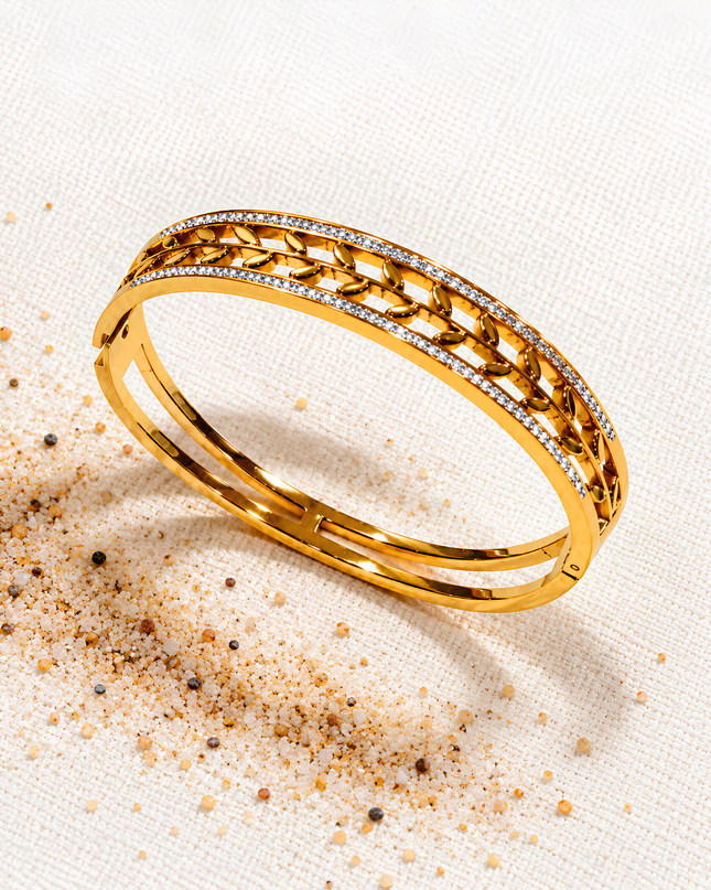 Elara Gold Plated Crystal Leaf Statement Bangle