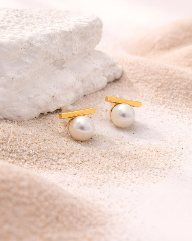 Minimal Bar Pearl Stud Earrings
