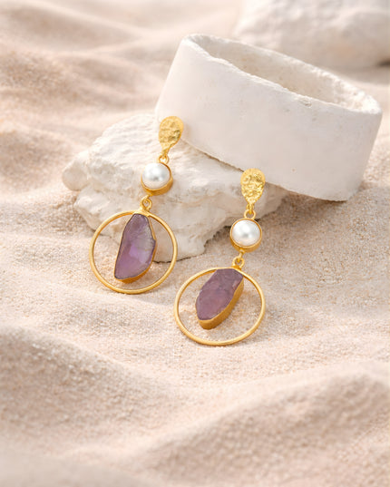 Crag Collection Raw Amethyst & Pearl Gold Drop Earrings