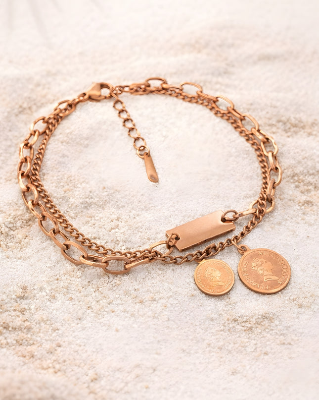 Rose Gold Coin Layered Charm Bracelet