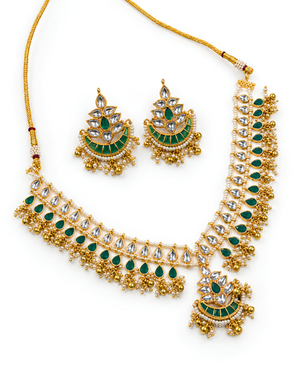 Emerald & Crystal Kundan Pearl Necklace Set