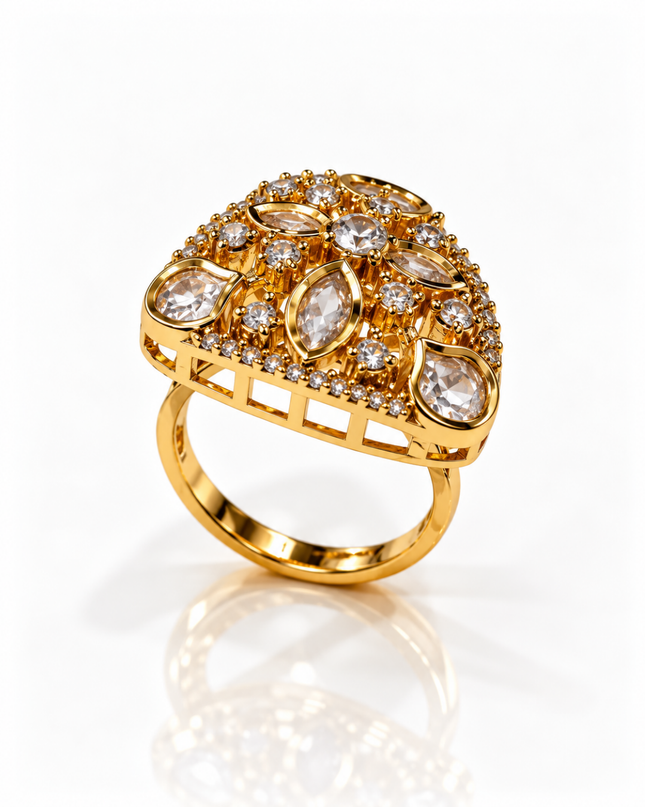 Aavya Gold Plated White Stone Teardrop Statement Ring
