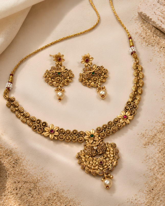 Rajwada Floral Pearl Necklace Set