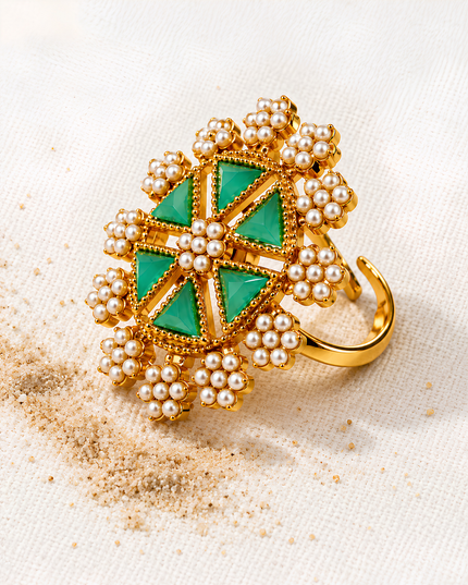 Zehra Gold Plated Green Stone Pearl Statement Ring