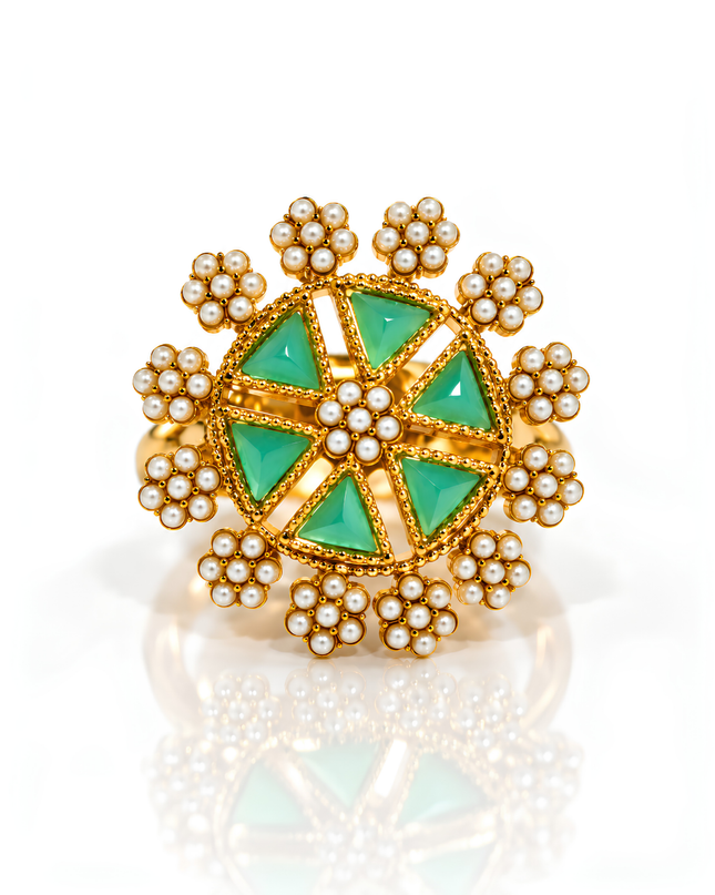 Zehra Gold Plated Green Stone Pearl Statement Ring
