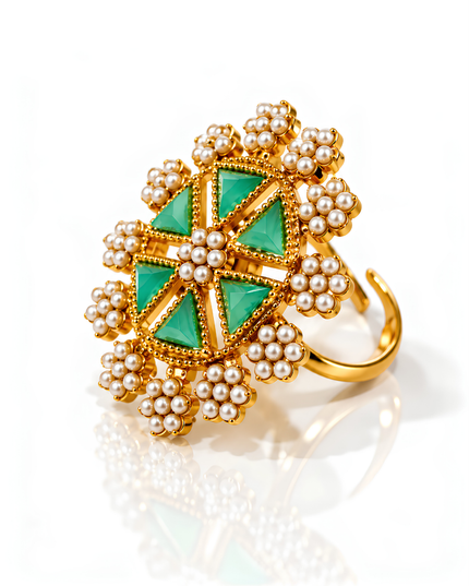 Zehra Gold Plated Green Stone Pearl Statement Ring