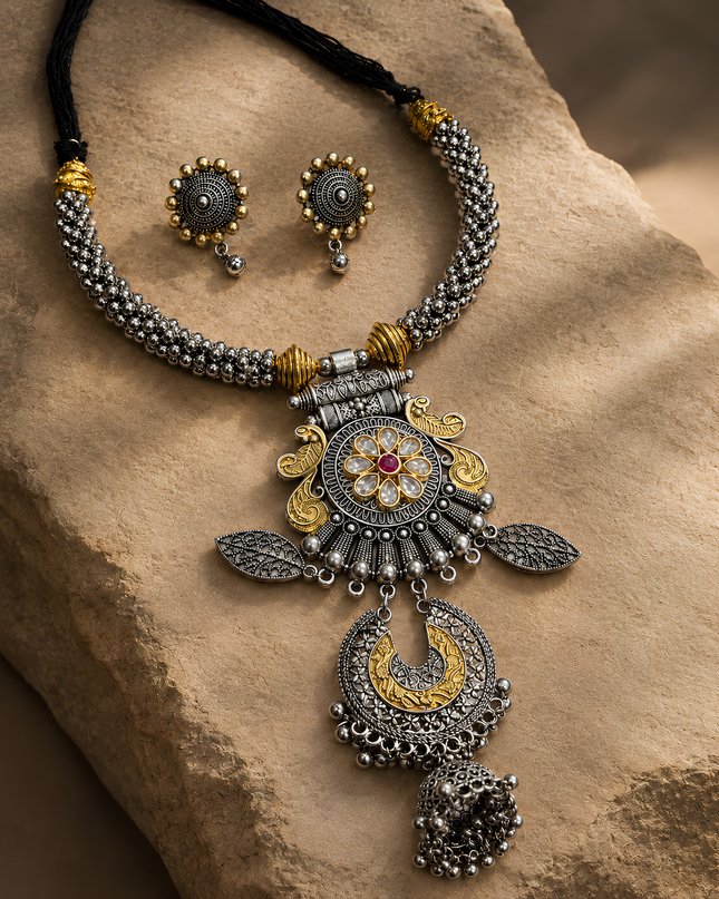 Antique Silver Gold Statement Necklace Set