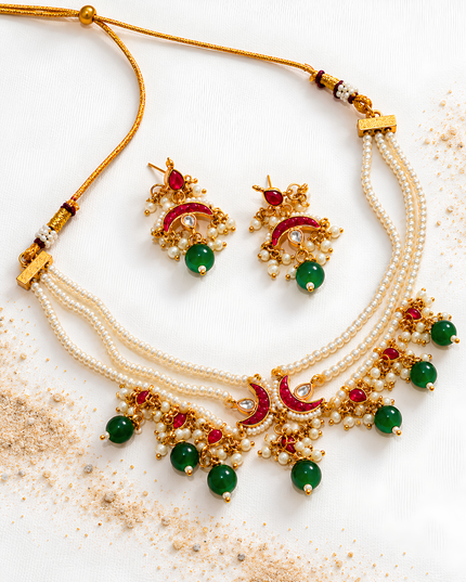 Gulbahar Pearl & Ruby Green Beaded Necklace Set