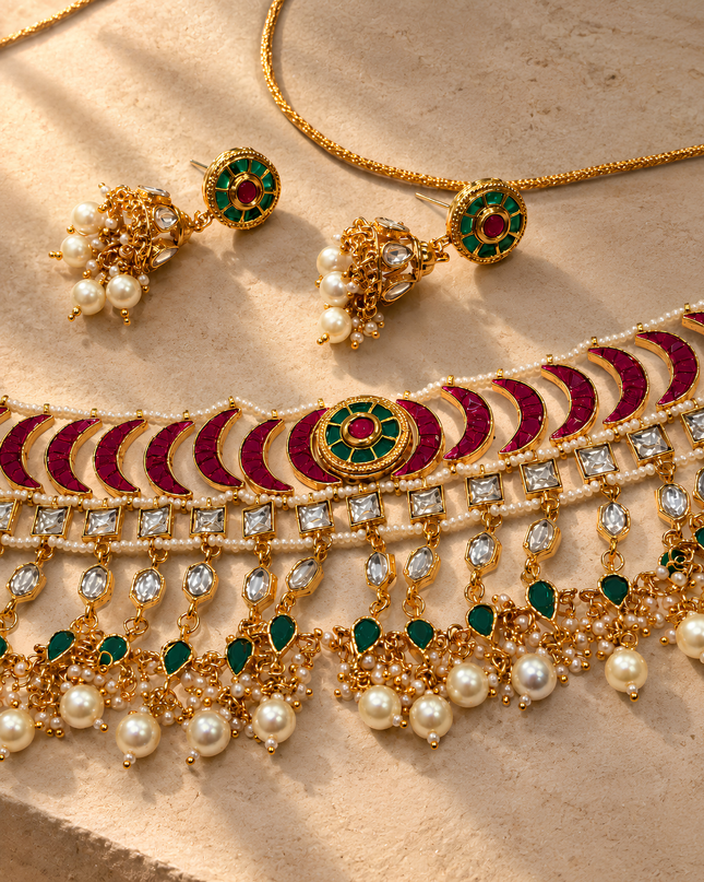 Majestic Emerald Ruby Pearl Choker Set