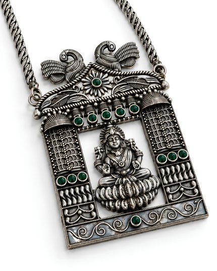 Aaradhya Oxidised Silver Goddess Lakshmi Temple Necklace