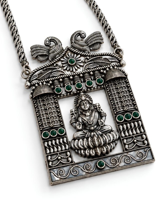 Aaradhya Oxidised Silver Goddess Lakshmi Temple Necklace