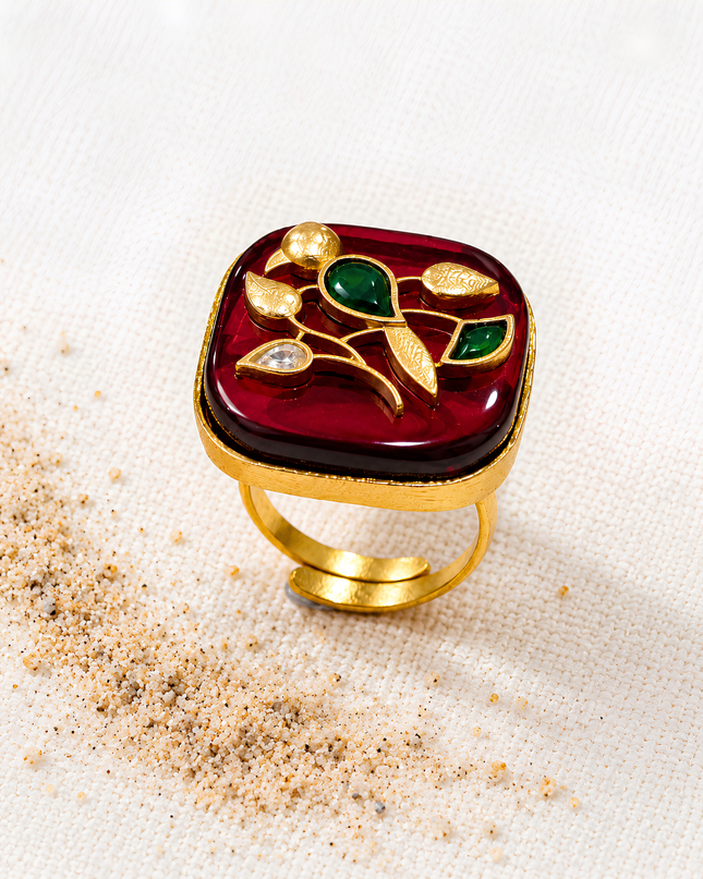 Ruby Gulshan Gold Plated Maroon Floral Statement Ring