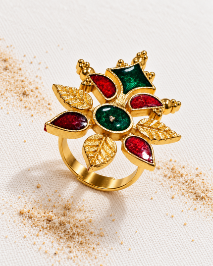 Royal Bloom Red & Green Stone Floral Gold-Plated Statement Ring