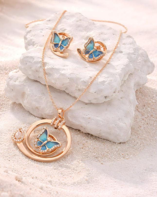 Titli Butterfly Pendant Set – Blue Enamel Gold-Tone Necklace & Earrings