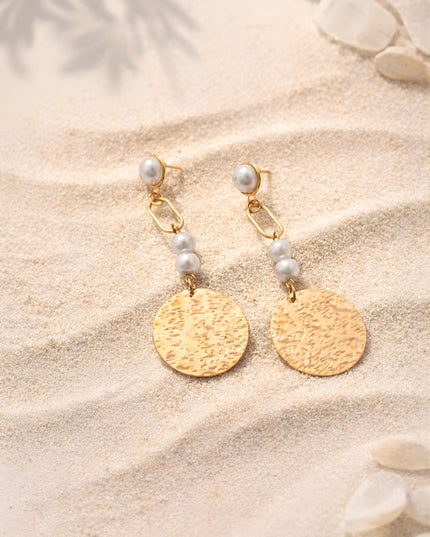 Elegant Pearl & Textured Gold Disc Drop Earrings