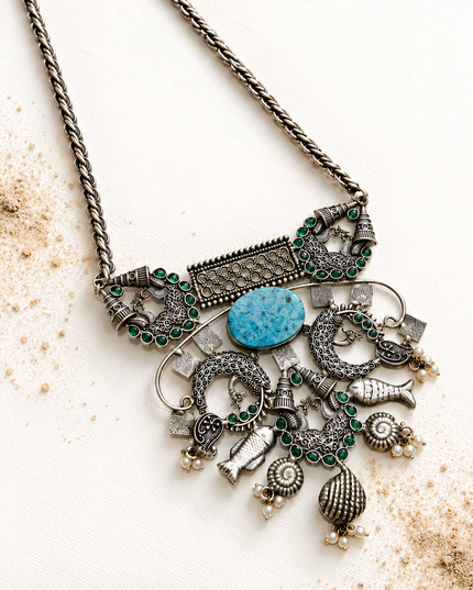 Mayurika Oxidised Silver Peacock Charm Statement Necklace
