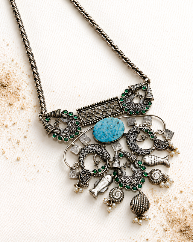Mayurika Oxidised Silver Peacock Charm Statement Necklace