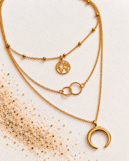Lunara Gold Plated Triple Layer Moon & World Charm Necklace
