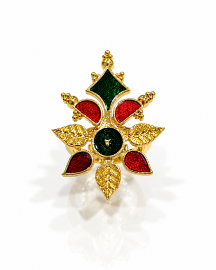 Royal Bloom Red & Green Stone Floral Gold-Plated Statement Ring