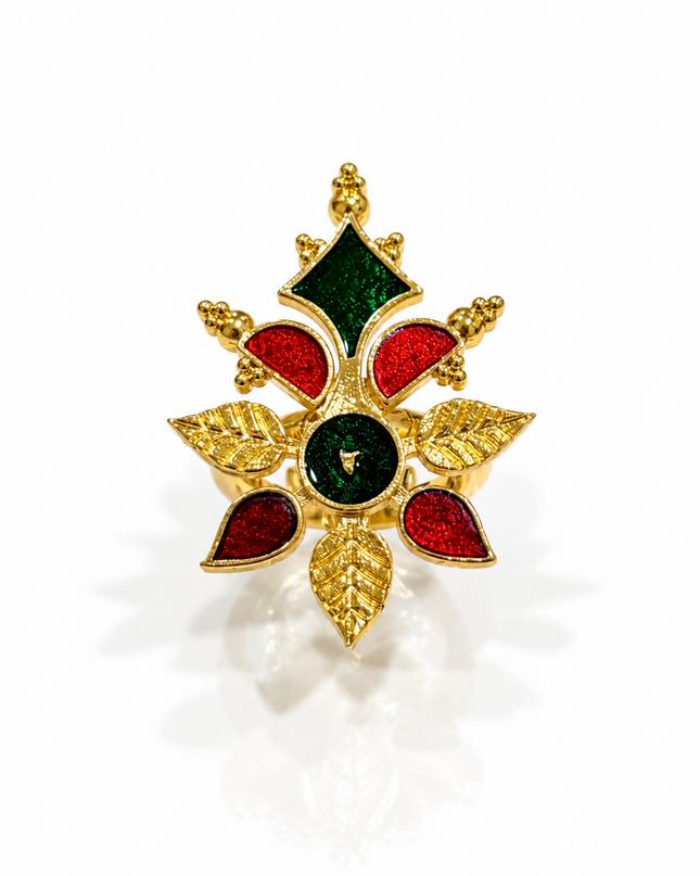 Royal Bloom Red & Green Stone Floral Gold-Plated Statement Ring