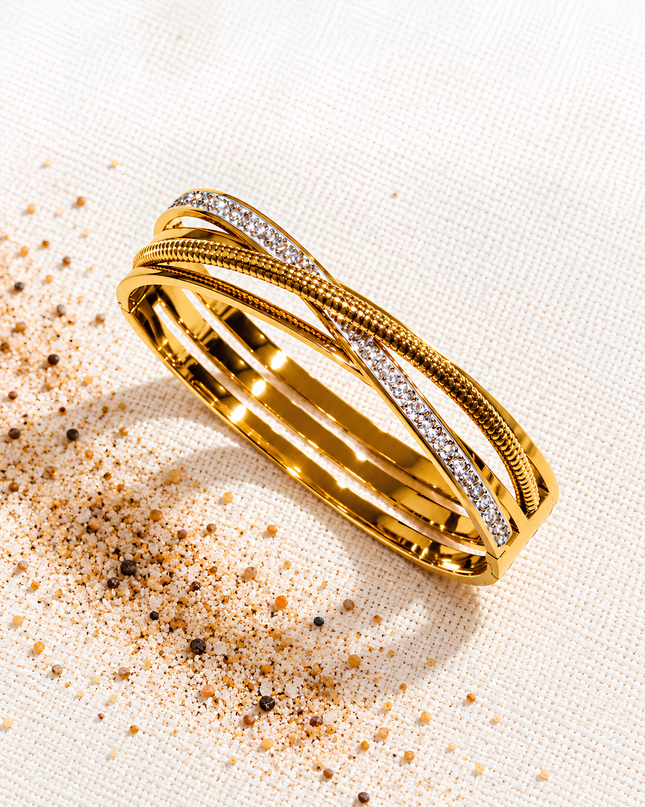 Serena Gold Plated Crisscross Crystal Statement Bangle