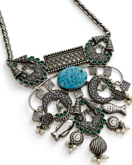 Mayurika Oxidised Silver Peacock Charm Statement Necklace