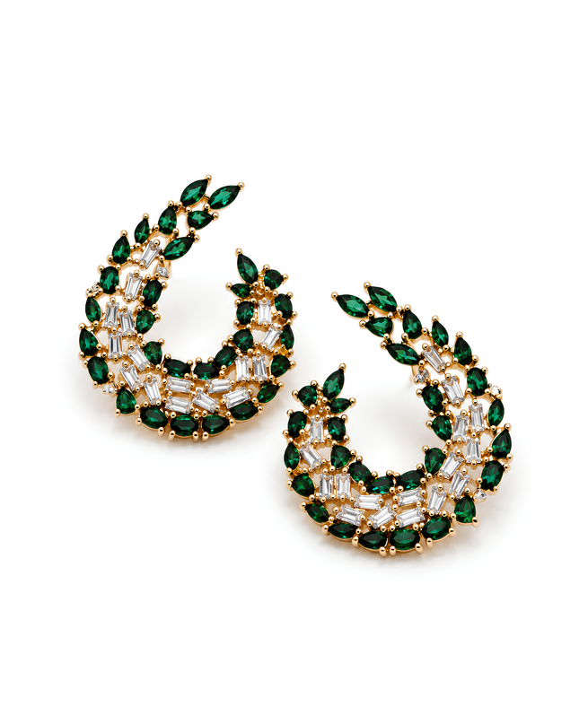 Emeria Emerald Green & Crystal Crescent Statement Earrings