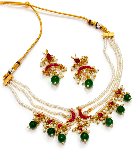 Gulbahar Pearl & Ruby Green Beaded Necklace Set