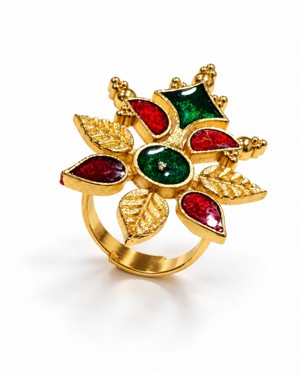 Royal Bloom Red & Green Stone Floral Gold-Plated Statement Ring