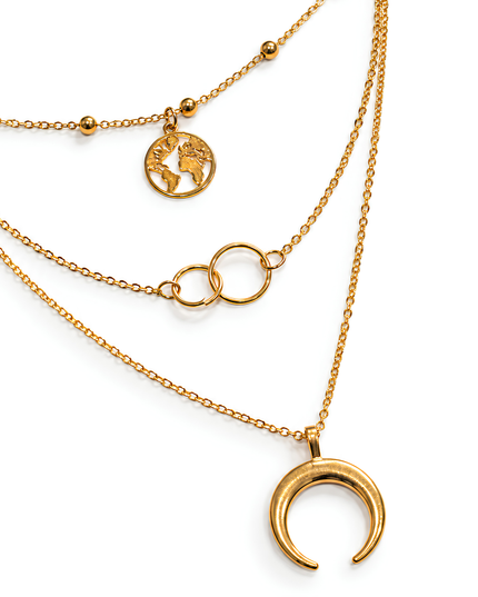 Lunara Gold Plated Triple Layer Moon & World Charm Necklace