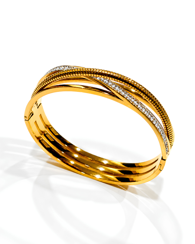 Serena Gold Plated Crisscross Crystal Statement Bangle
