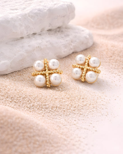 Pearl Cross Cluster Stud Earrings