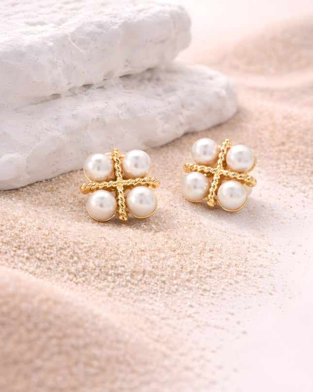 Pearl Cross Cluster Stud Earrings