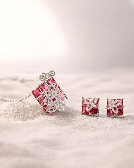 Inaya Set – Pink Stone Pendant & Earrings