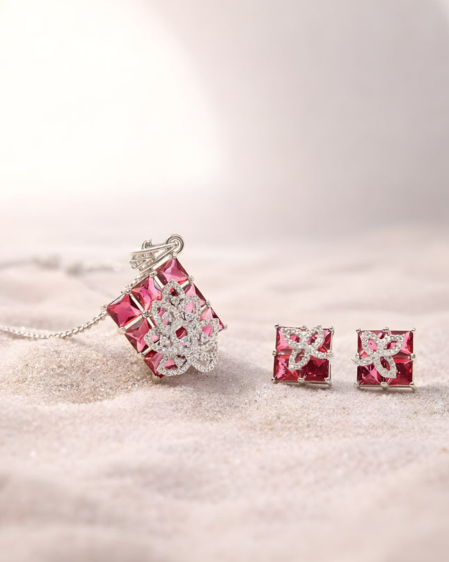 Inaya Set – Pink Stone Pendant & Earrings