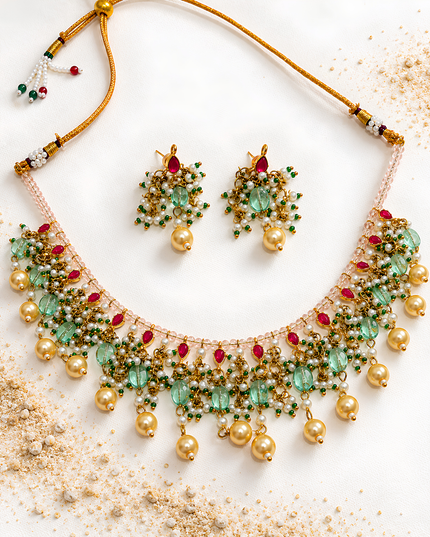 Mehrina Pastel Green Pearl & Ruby Choker Necklace Set