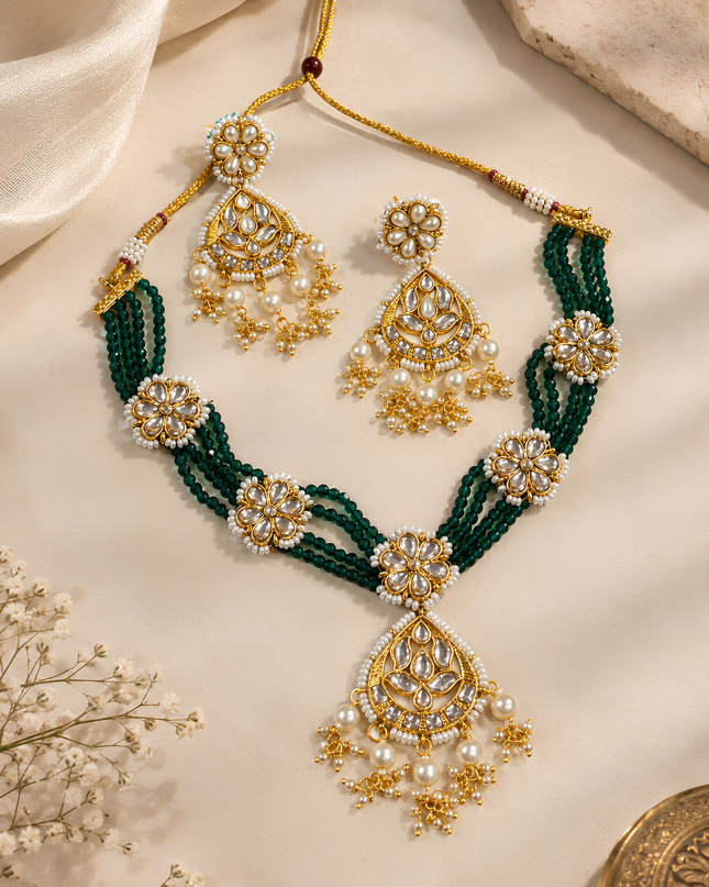 Emerald Meher Pearl Kundan Necklace Set