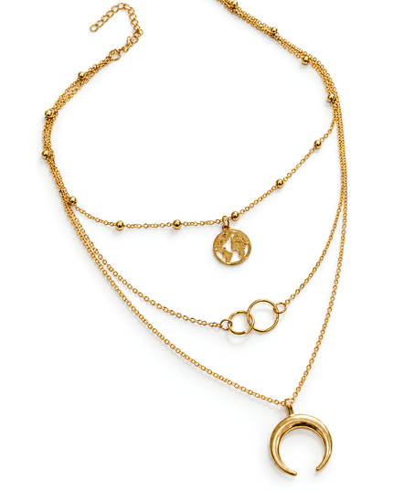 Lunara Gold Plated Triple Layer Moon & World Charm Necklace