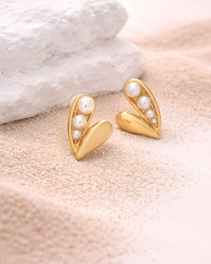 Golden Heart Pearl Stud Earrings