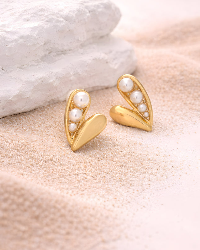 Golden Heart Pearl Stud Earrings