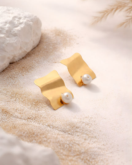 Textured Gold Pearl Stud Earrings – Organic Finish | Mukta Collection