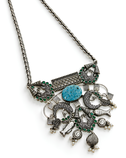 Mayurika Oxidised Silver Peacock Charm Statement Necklace
