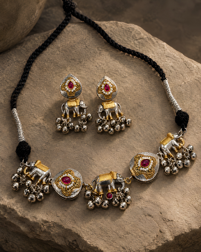 Rama Gajraj Antique Elephant Necklace Set