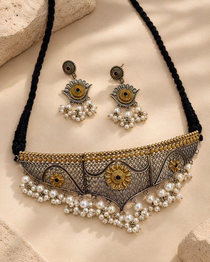 Royal Pearl Oxidised Choker Necklace Set