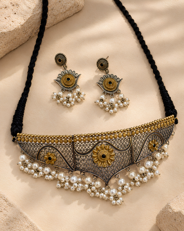 Royal Pearl Oxidised Choker Necklace Set