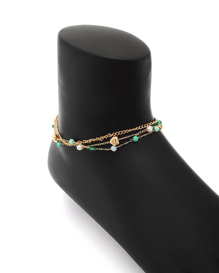 Green Beaded Layered Heart Anklet